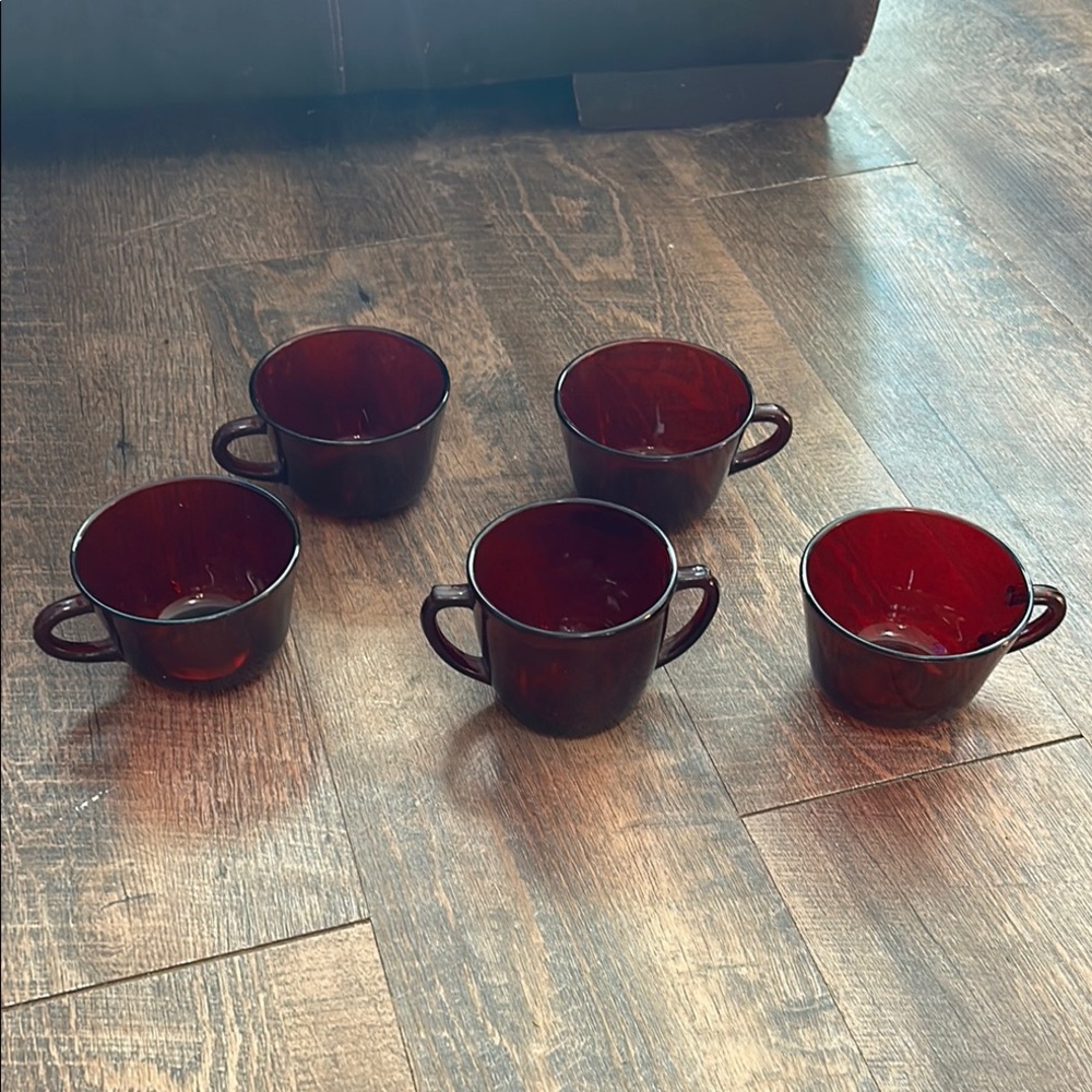 Vintage Royal Ruby glass open sugar dish‎ by Anchor Hocking and 4 Tea Cups